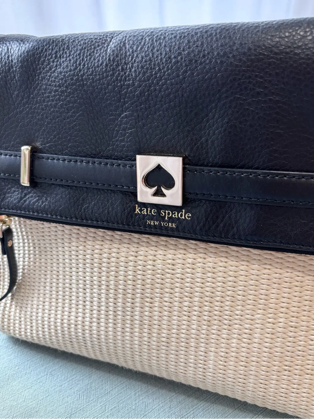 kate spade Black and Cream Woven Satchel Shoulder Bag with Leather Flap Strap